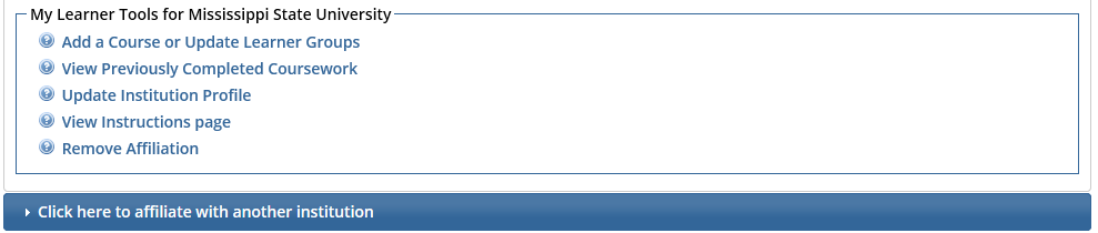 My Learner Tools for Mississippi State University image of menu on CITI training site